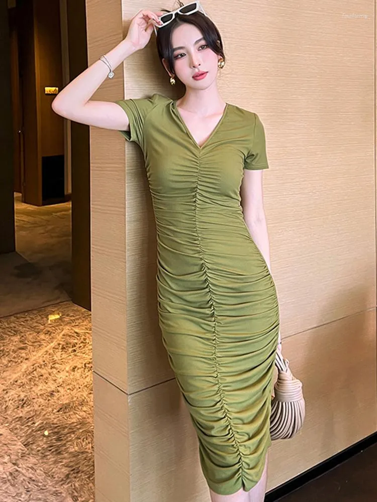 Party Dresses Summer Women Midi Dress Casual Soft Stretch Ribbed V-neck Pleated Short Sleeve Bodycon Skinny Robe Femme Street Holiday