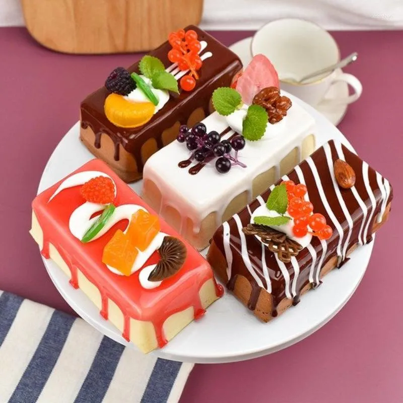 Decorative Flowers 4pcs Simulation Fruit Cream Cake Model Rectangle Bread Food Shop Cabinet Decoration Sample Toy Po Props
