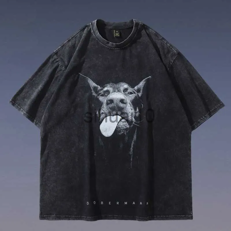 Men's T-Shirts Men Doberman Dog Graphic T Shirt Oversized Streetwear Hip Hop Funny Fashion Retro Vintage Washed Black Tshirt Loose Cotton Tee J230731
