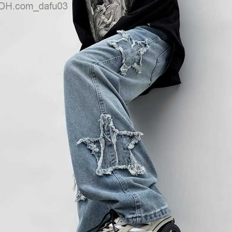 Męskie dżinsy High Street Męskie dżinsy na ręczniki mody Haft Brązowe worki męskie spodnie Y2K Ubrania proste Hip Hop Bawełniane spodnie Z230801
