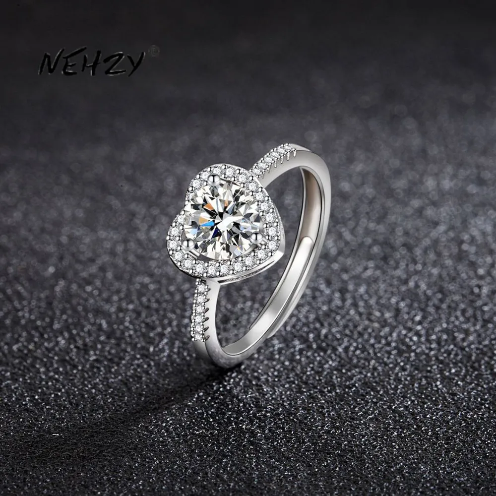 Bröllopsringar Nehzy Silver Plating Woman Fashion Jewelry High Quality One Carat Cubic Zirconia Heart Shaped Justerbar Ring 230801