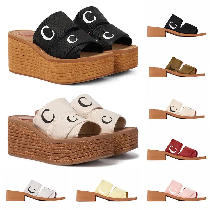 2023 black Women Designer high hees Sandals Woody Espadrille Platform Wedge Mules Canvas Slides Thong Sling Back Square Toe Flats Sandels Slider Luxury Slipper