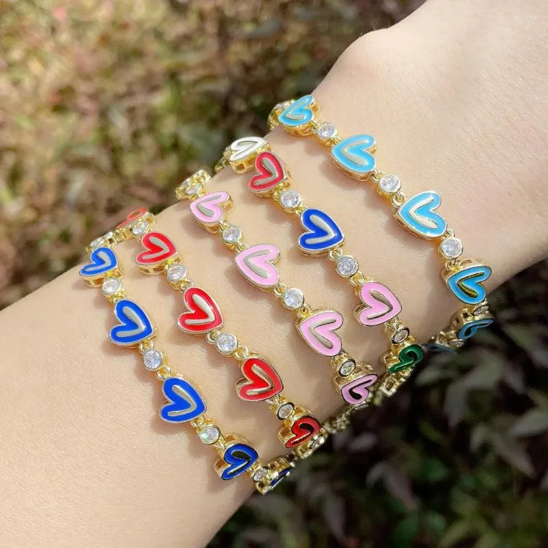 Charm Bracelets Moderno Banhado a Ouro Esmalte Colorido Amor Coração Brilhante CZ Emenda Para Mulheres Meninas Zircão Corrente Frisada Boho Jóias Presentes