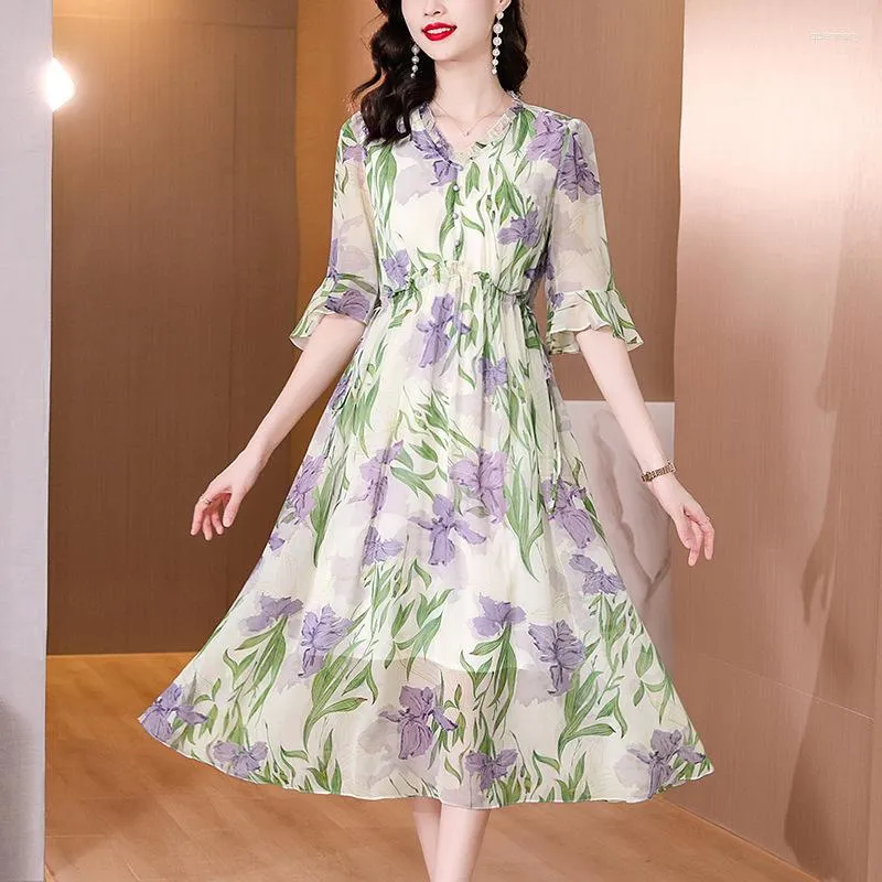 Casual Dresses 2023 Summer Fashion Print Silk Dress Women Elegant Butterfly Sleeves V-Neck Korean Party