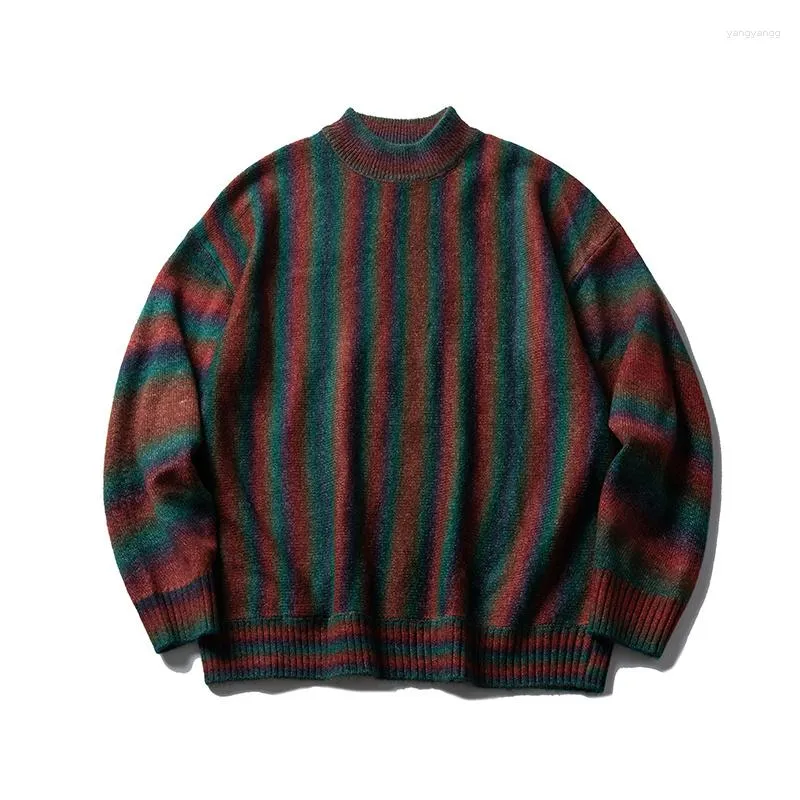 Herrtröjor American Streetwear Fashion Vintage Hip Hop Stripe Pullover Tröja Male Shoulder Drop Loose Knitwear