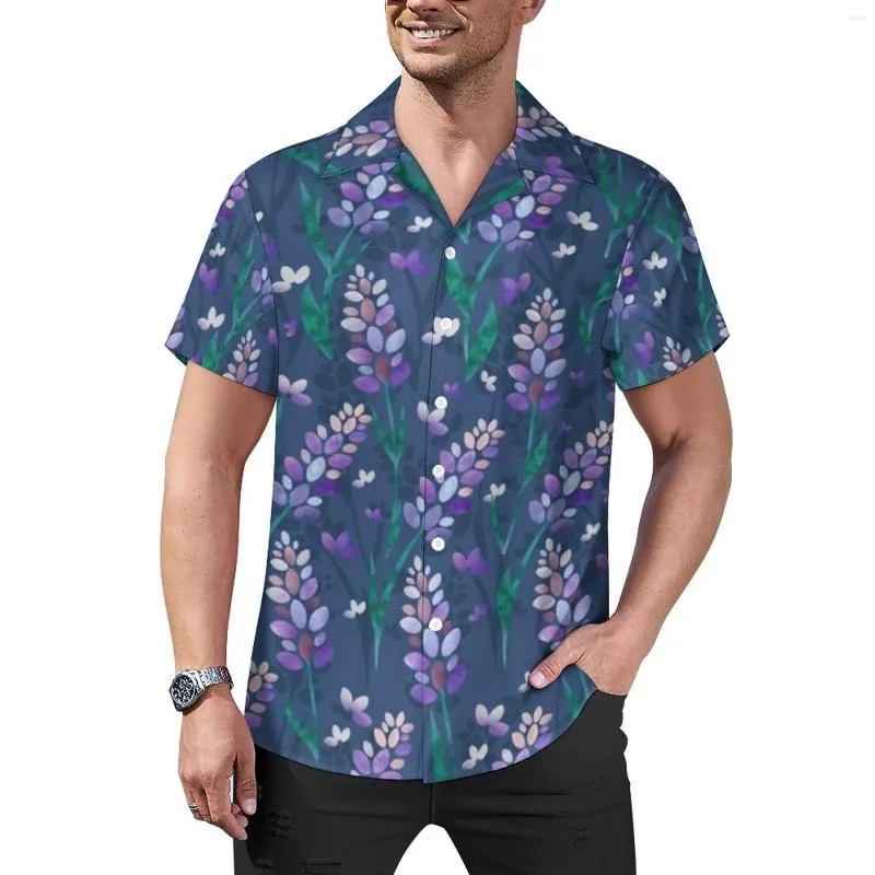 Camisas casuais masculinas Lavanda Fields Roxo Estampa floral Camisa de praia Blusas estéticas de verão padrão masculino plus size