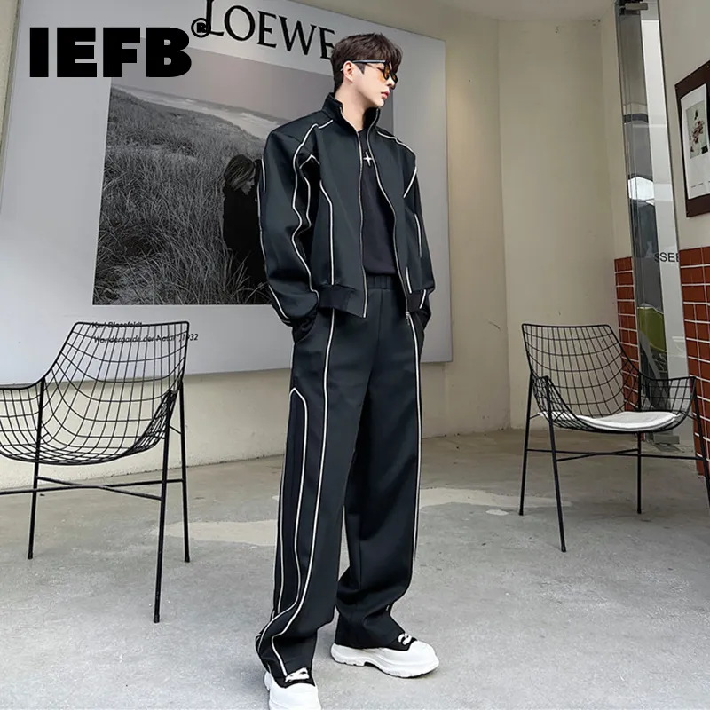 Męskie dresy trendu IEFB Zestawy sportowe stojak bluza z kołnierzem prosta luźne spodnie moda męska okrąg