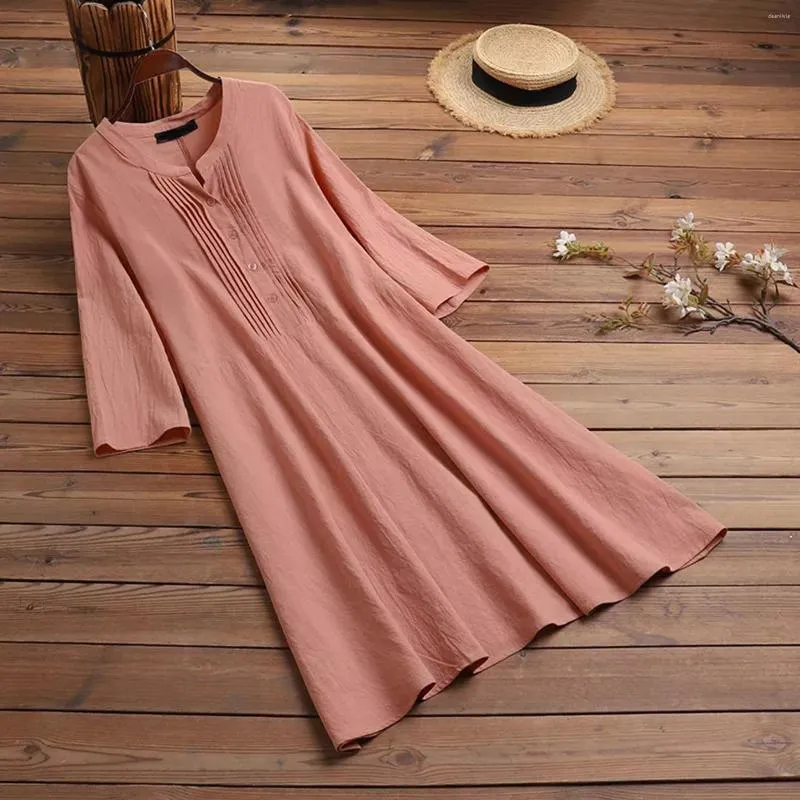 Casual Dresses Autumn Cotton Linen Women's Dress Button Three Quarter Sleeve Female Boho Loose Ladies Beach Vestidos