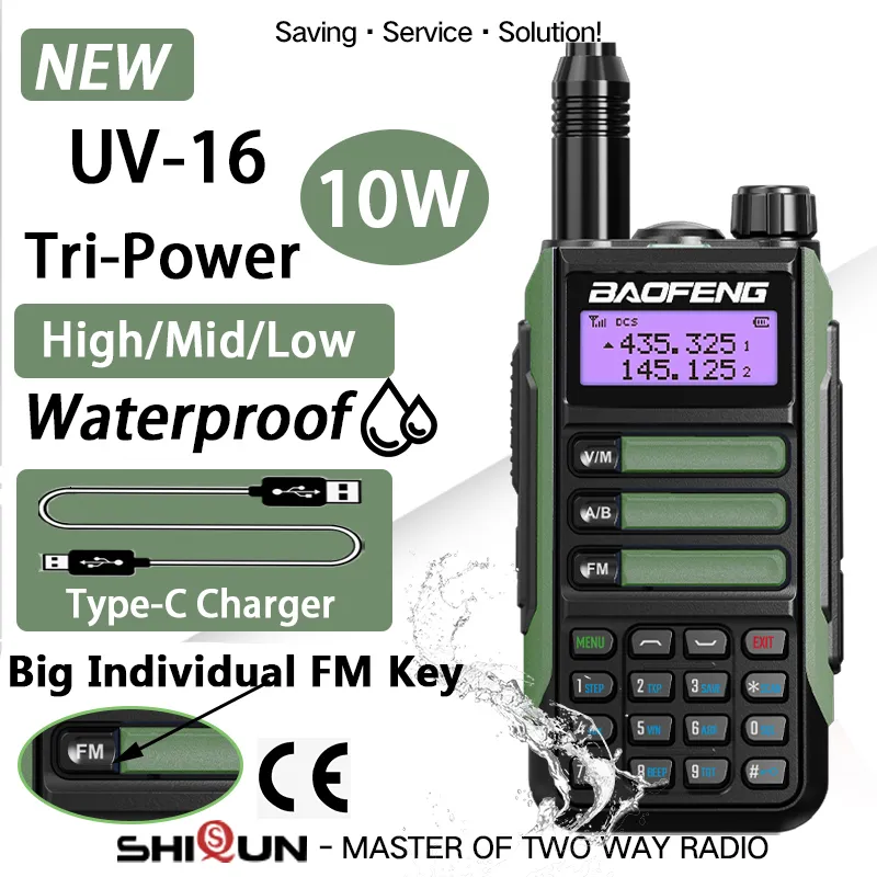 Walkie Talkie Baofeneng UV 16 Plus Talkies Uzun Menzilli 10km Su Geçirmez İki Yollu Radio10W VHF UHF Band UV 16 Pro USB Tip C Yükseltme UV 5R 230731