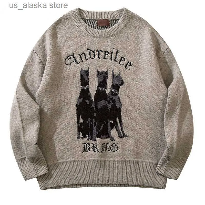 Camisolas masculinas Doberman Dog Pattern Vintage Sweater Men Y2K Streetwear Hip Hop Vintage Knitted 2022 New Harajuku Fashion Retro Casual Pullover T230801