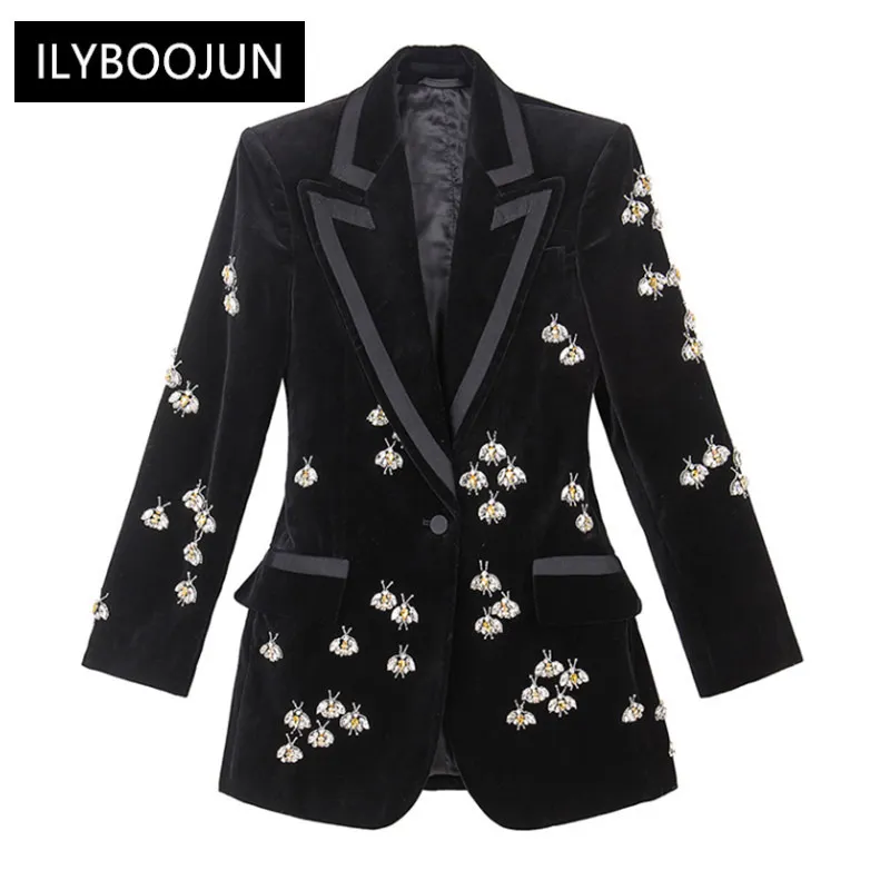 Giacche da donna Luxury Designer Runway Elegante cappotto invernale Manica lunga Crystal Bee Tasca con doppia fibbia Abito in velluto nero 3xl 230731