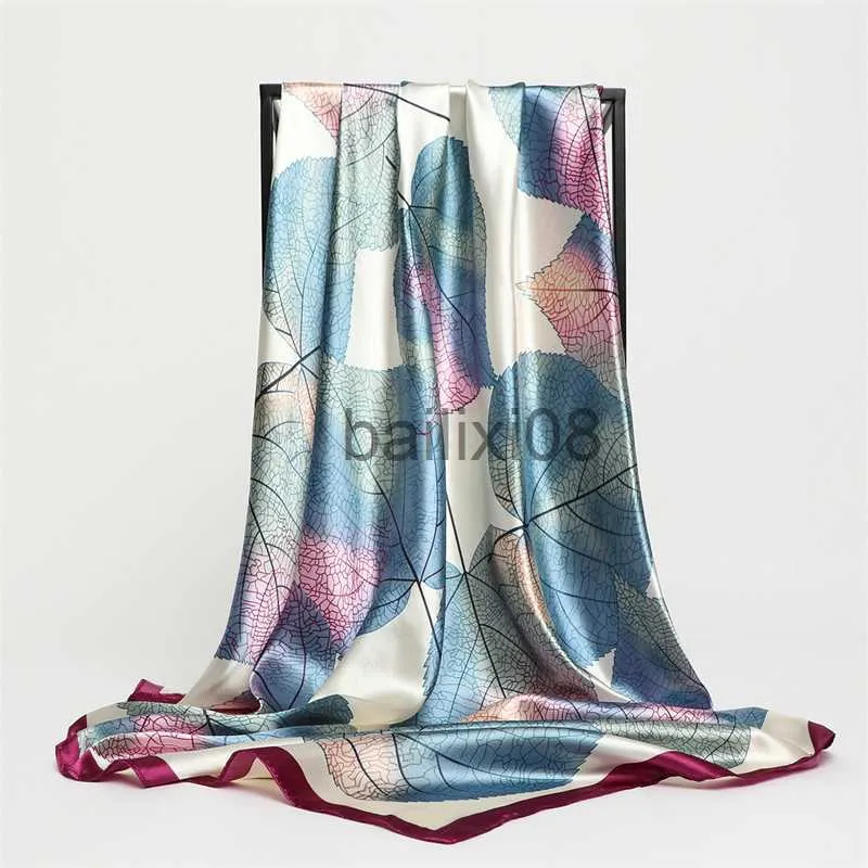 Scarves 2022 Square Scarf For Women Foulard Satin Hijab Silk Shawl Neckerchief Female Head Wraps Leaf Print Headband Hair bands Bandana J230801