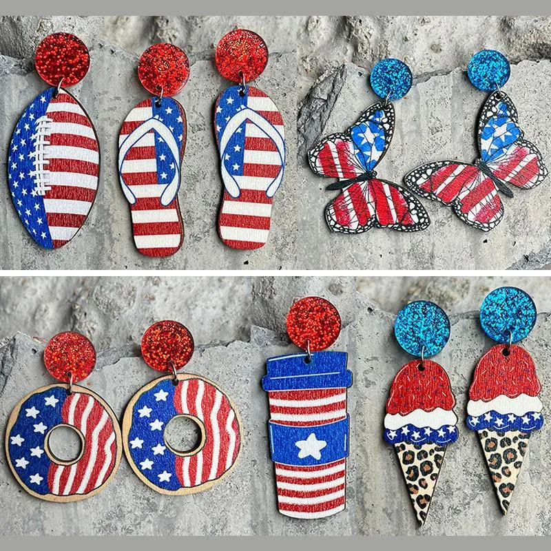 Dangle Earrings Personality Fashion American Independence Day Flag Butterfly Rugby Wooden Earring Jewelry Gift Wholesale