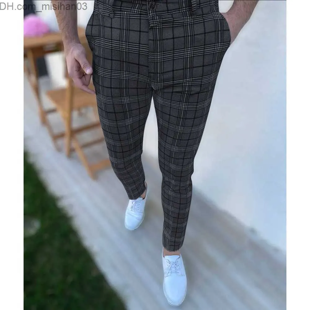 Mens Slim Fit Flat Bottom Business Work Mens Plaid Pants For