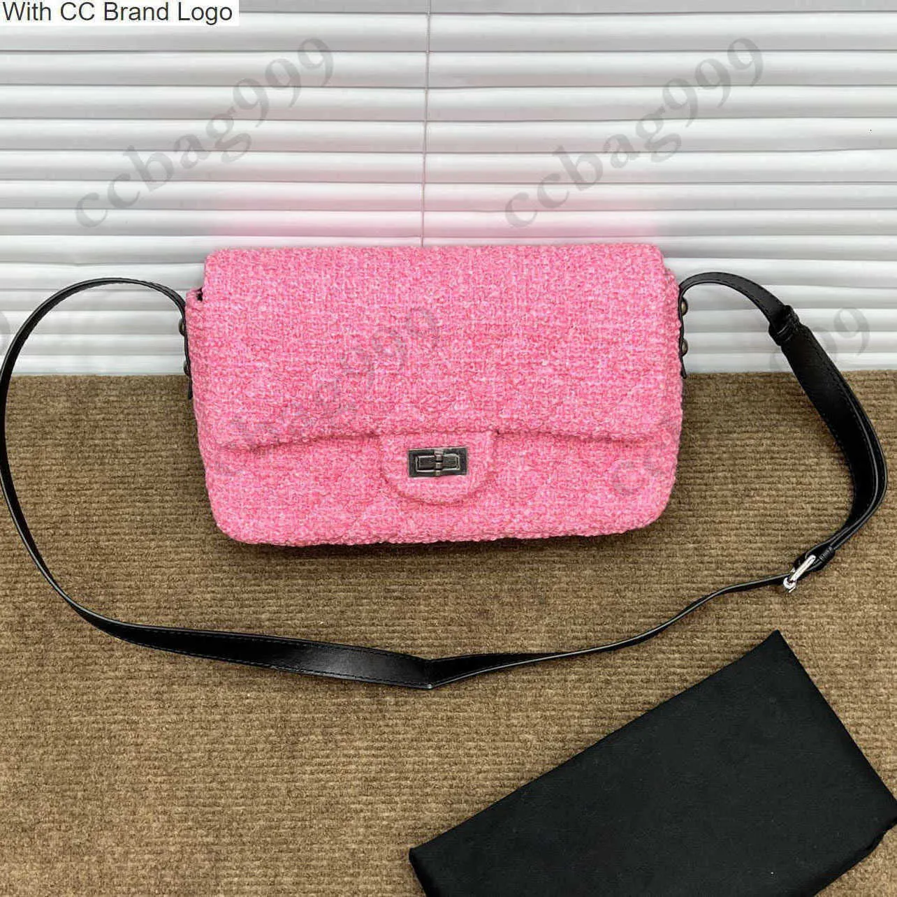 CC schoudertassen roze 2,55 tweed flap -tassen met zwarte lederen schouderband gewatteerde zilveren hardware Turnbuckle Crossbody Sacoche Designer Multi -zakken handtas