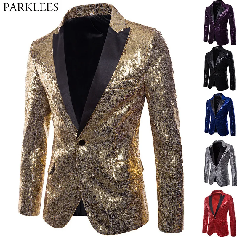 Abiti da uomo Blazer Shiny Gold Paillettes Glitter Impreziosito Blazer Jacket Uomo Nightclub Prom Suit Costume Homme Abiti di scena Per cantanti 230731