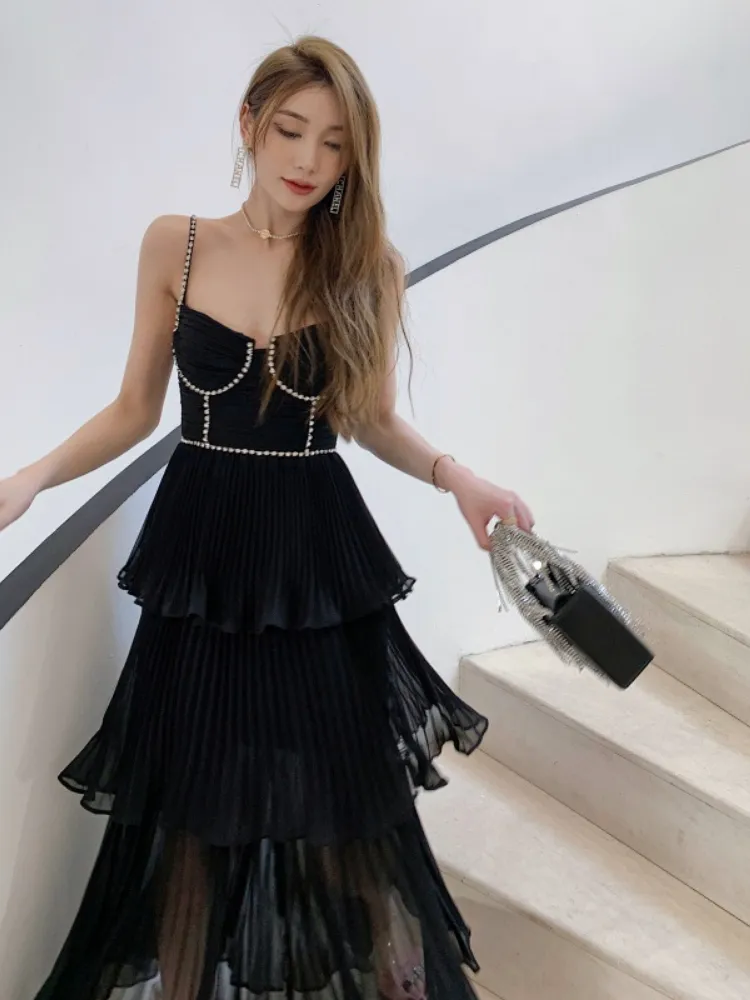 Podstawowe sukienki swobodne najwyższej jakości kobiety sukienka wczesna jesień luksusowy czarny błyskawiczny szyfonowy ciasto Suspender midi 230731