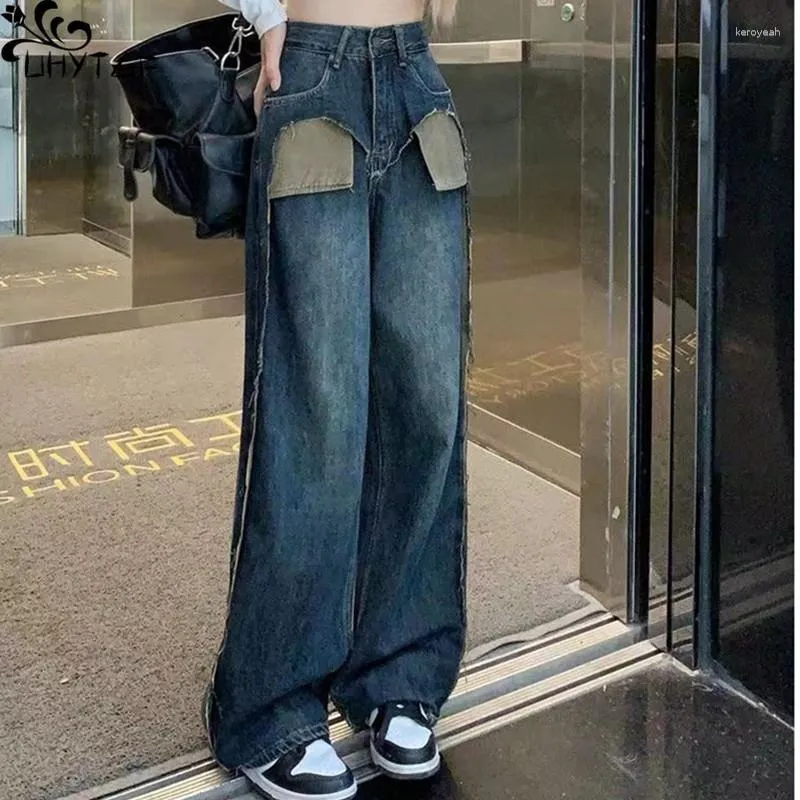 Kvinnors jeans uhytgf kvinnor hösten y2k lös retro hög midja bred ben rak skarv mode chic street wear kvinnliga denim byxor