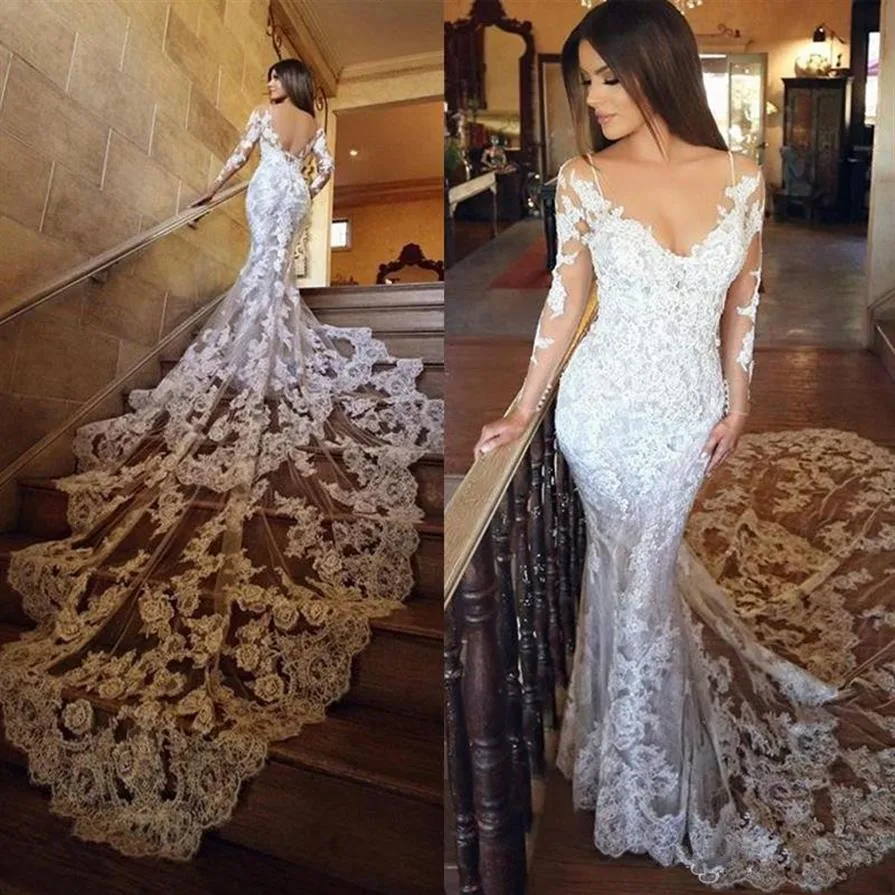 Abiti da sposa a sirena senza schienale sexy maniche lunghe in pizzo con scollo a V scollo a barchetta abiti da sposa da spiaggia Bohemian Vestido de novia212a