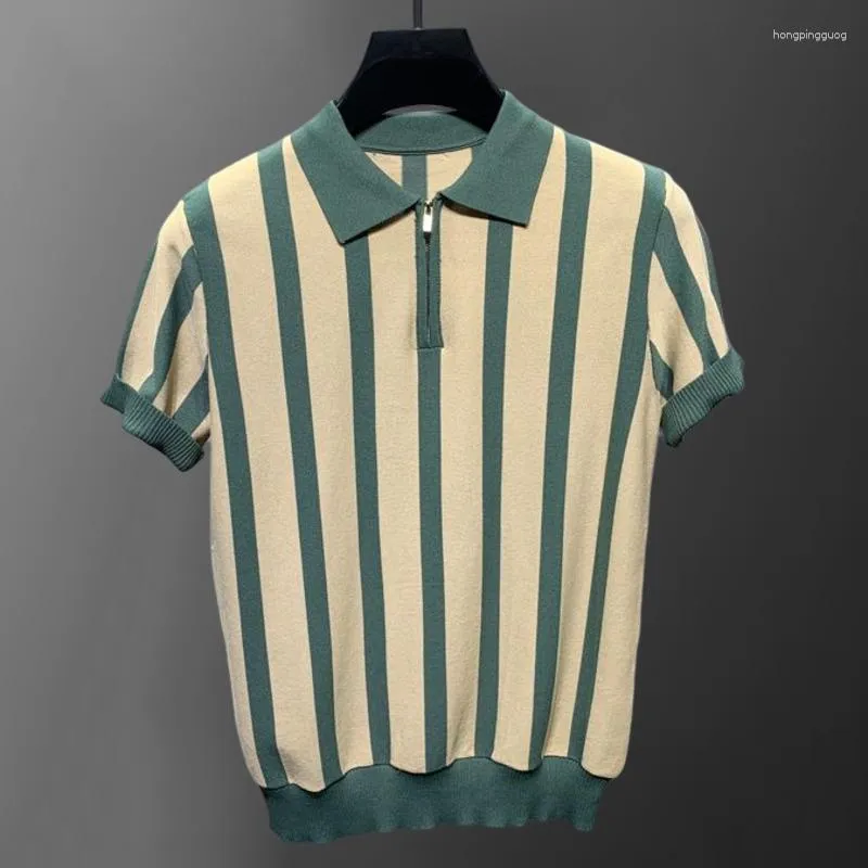 Polo da uomo T-shirt con risvolto lavorato a maglia con cerniera estiva Polo 2023 Camicia slim casual a righe a contrasto Mannen Camisa Hombre