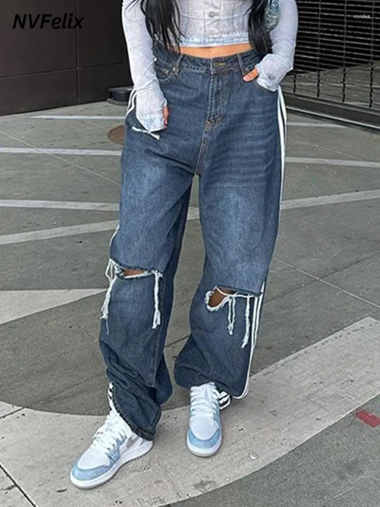 Jeans pour femmes trou femmes Y2k vêtements Vintage 90 s Baggy droite Denim pantalon taille haute rayure couture pantalons décontractés Streetwear