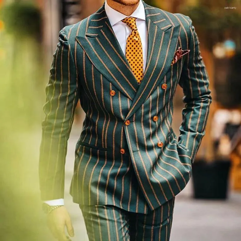 Men's Suits Green Orange Striped Fashion Men Slim Fit 2 Piece Double Breasted Classic For Wedding Groom Blazer And Pants Outfits