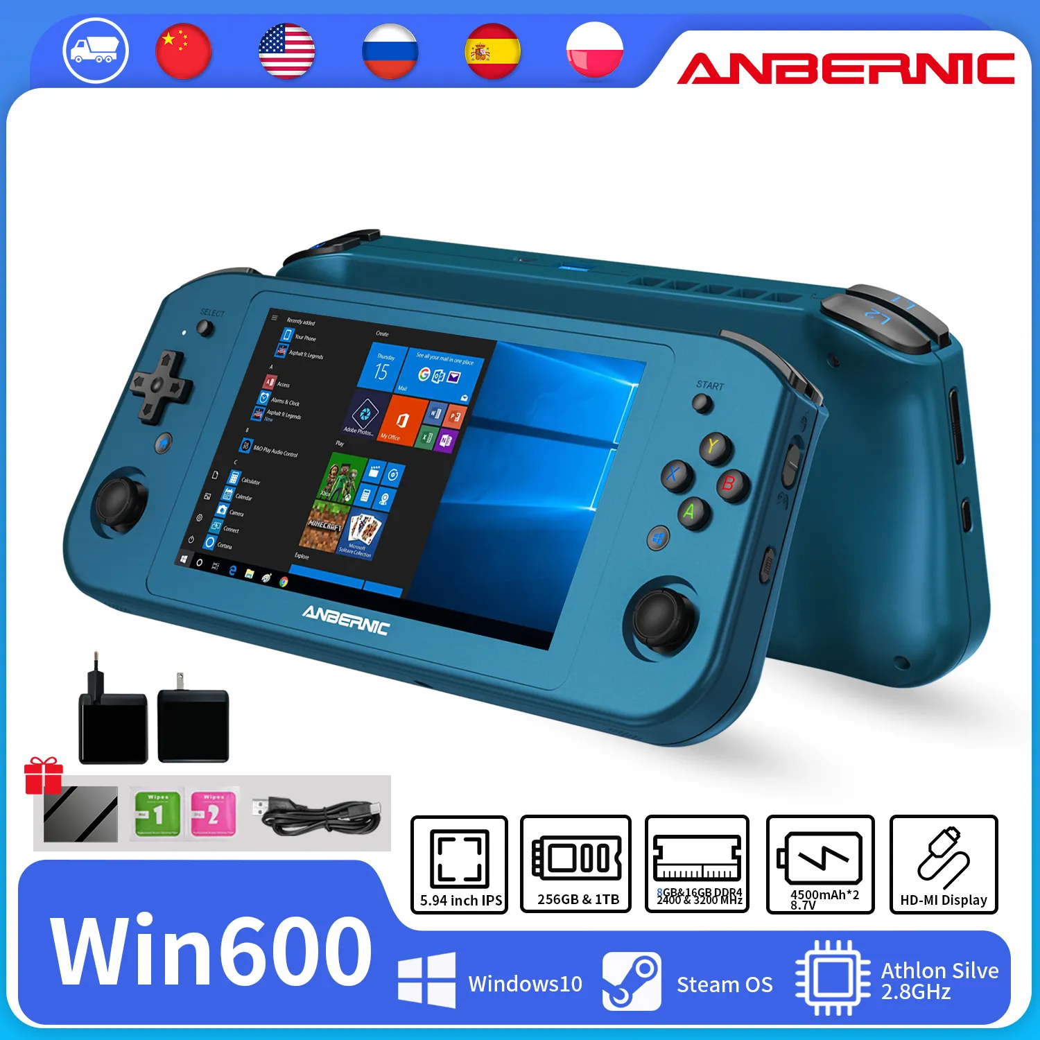 Lecteurs de jeux portables ANBERNIC Win600 Jeux PC Ordinateur de poche 3020e 3050e 5 Écran IPS 94 pouces Console vidéo de bureau Windows 10 WiFi5 Pocket Laptop 230731