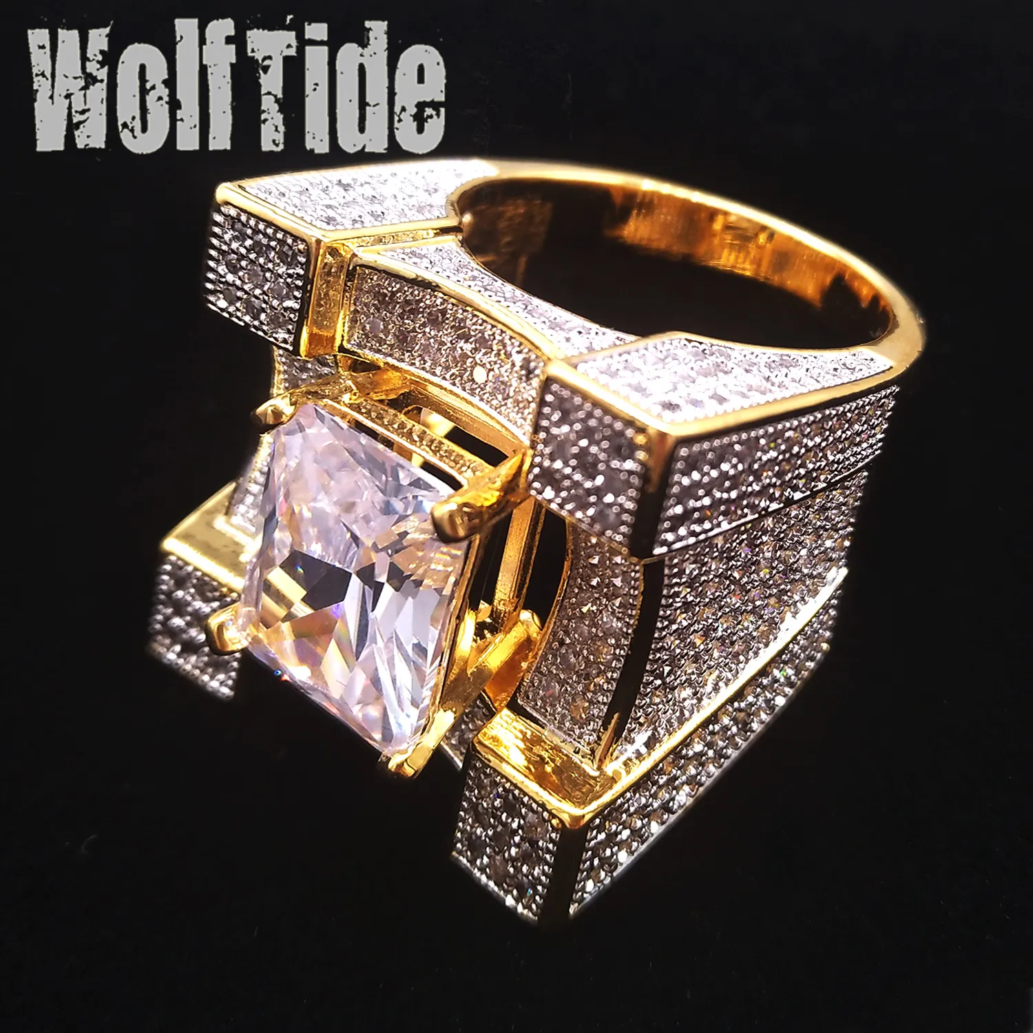 24mm Big Heavy Cubic Zirconia Square Hip Hop Ring for Men Top Quality Personalized Full CZ Stone Punk Rock Rapper Jewelry for Men Size 7 to 11 Comfort Fit 18K Gold Plated