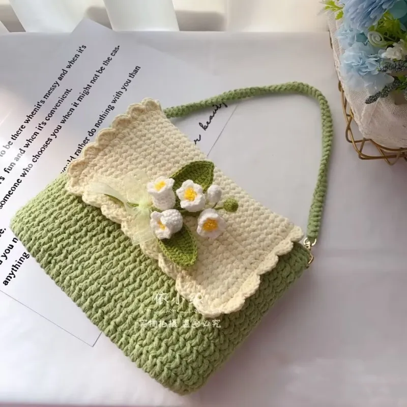 Kvällspåsar skräddarsydda Lily of the Valley Women Axel Bag garn virkad handgjorda lady shopping handväska 230731