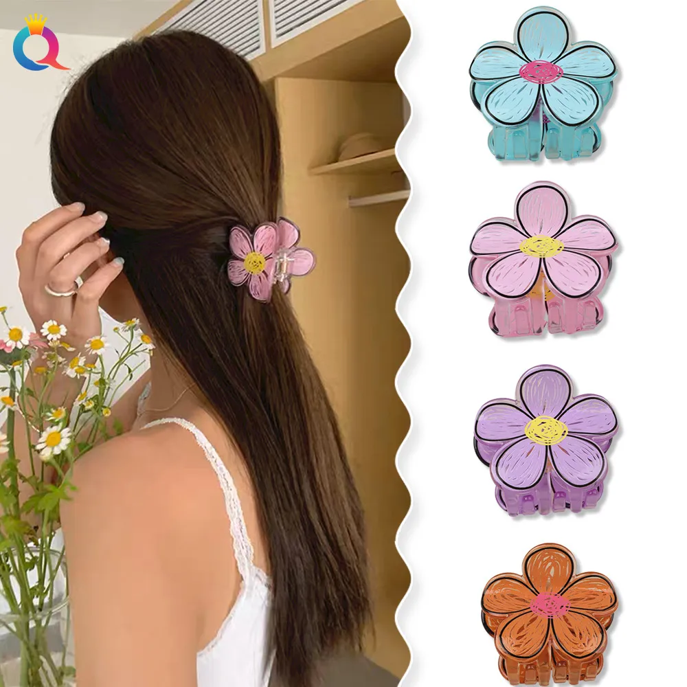 Handritad graffiti Korea Flower Shape Hair Claw Clips for Women Girls Barrette Crab Ponytail Hairpins Bath Barrette Headwear Accessories 2338