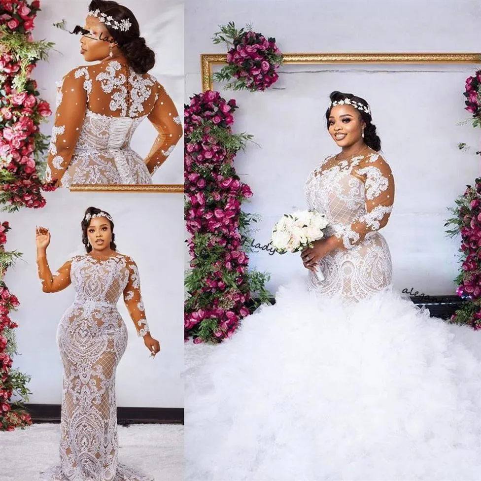 Robes de mariée sirène arabe grande taille avec train détachable corset à lacets à manches longues robes de mariée africaines perlées balayage train259j