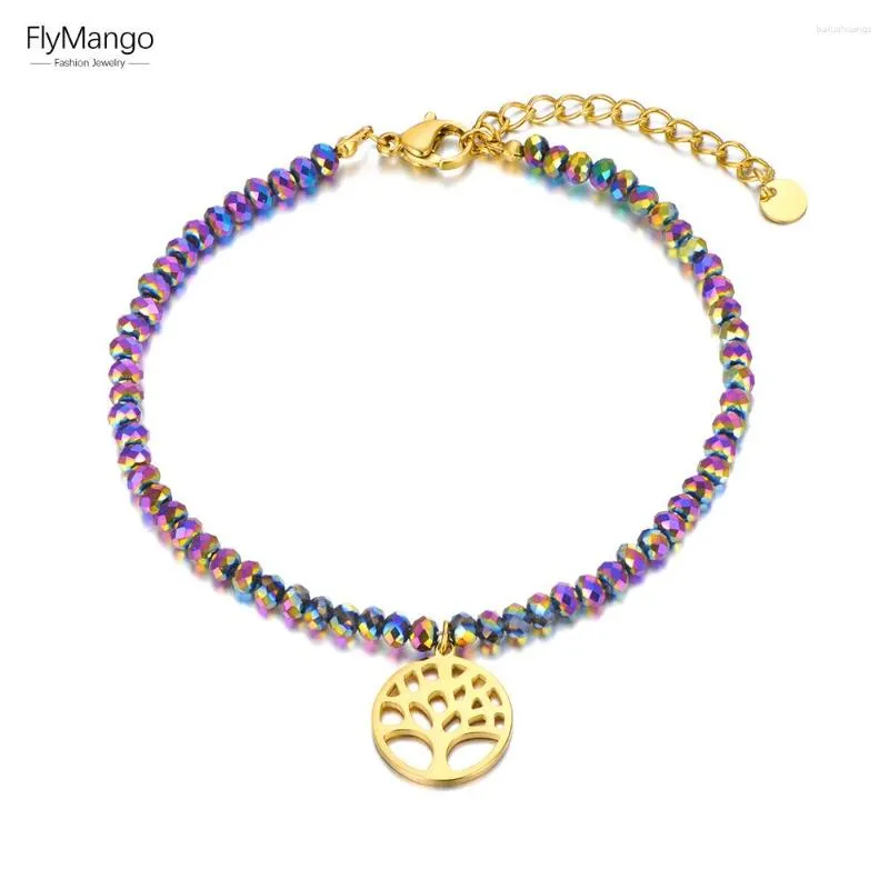 Charm Armband FlyMango Rostfritt stålkedjelänk Trendy 18K Guld Färgglad kristallträdarmband för kvinnor Girls FB22028