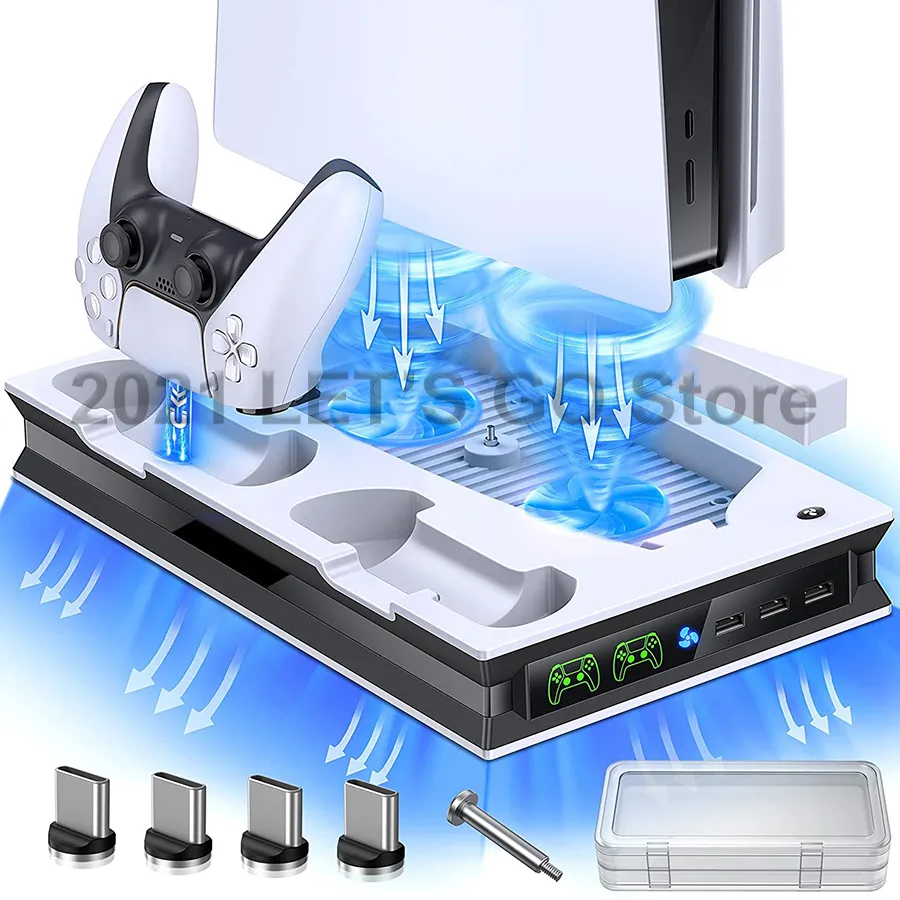 Soporte PS5 con estación de enfriamiento y estación de carga de controlador  dual para PS5 Digital Edition, versión de disco PS5, ventilador de