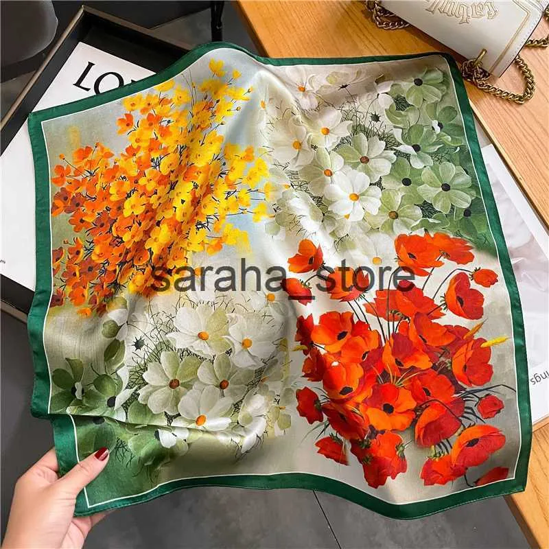 Halsdukar 100% Real Silk Square Scarves Women Bandana Högkvalitativt tryckt Foulard Hair Tie Soft NeckerChief J230801