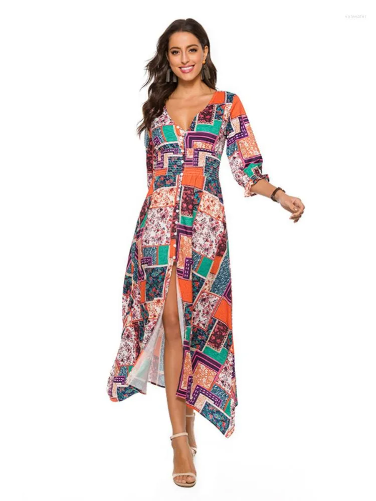 Robes décontractées printemps été élégant femmes impression numérique robe col en v à manches longues ourlet mince fendu bohème Sexy Maxi