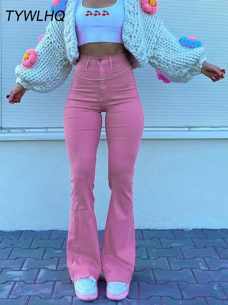 Women's Jeans Streetwear Y2k Flared Jeans Women High Waist 90S Fashion Pink Stretch Baggy Mom Jeans Wide Leg Pants Elegant Denim Trousers 230731