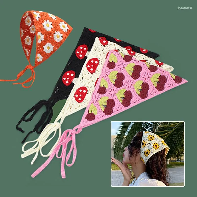 Cachecóis Coreano Ins Knit Headband Feminino Doce Crochê Oco Toalha Triangular Primavera E Verão Viagem Po Cabelo Literário Japonês