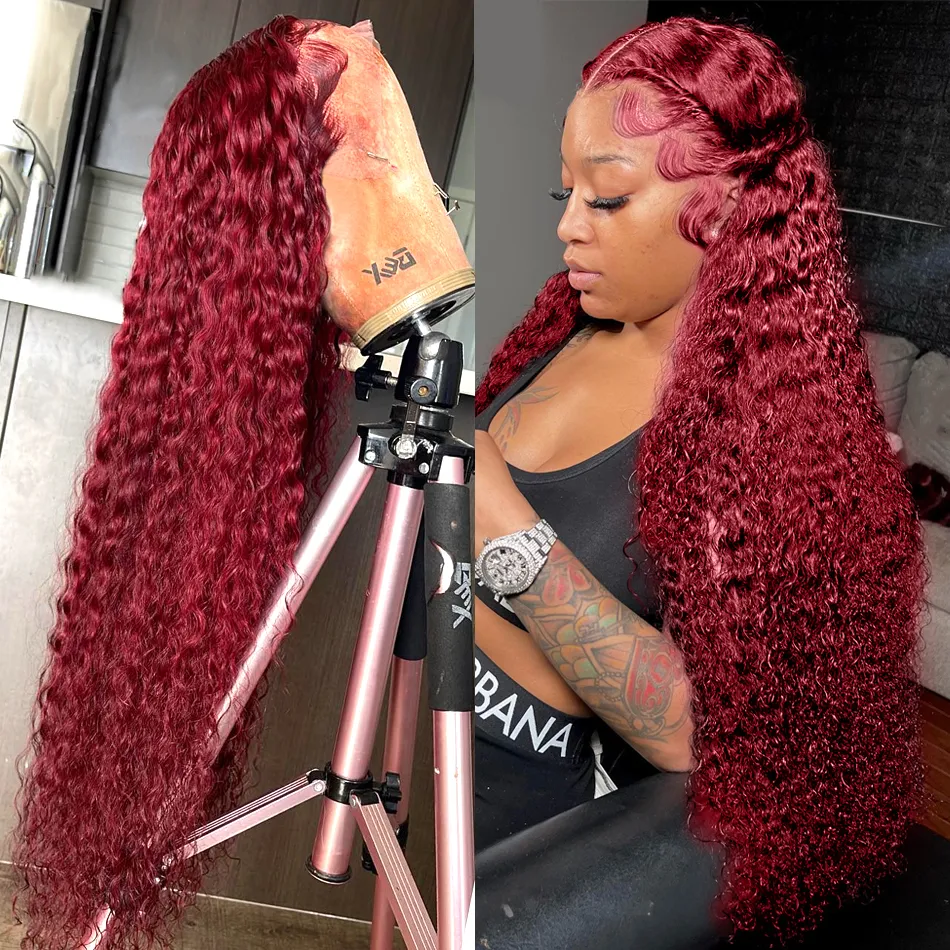 Red 99J Burgundy Colored Deep Wave Lace Frontal Wig HD Lace  display picture 3
