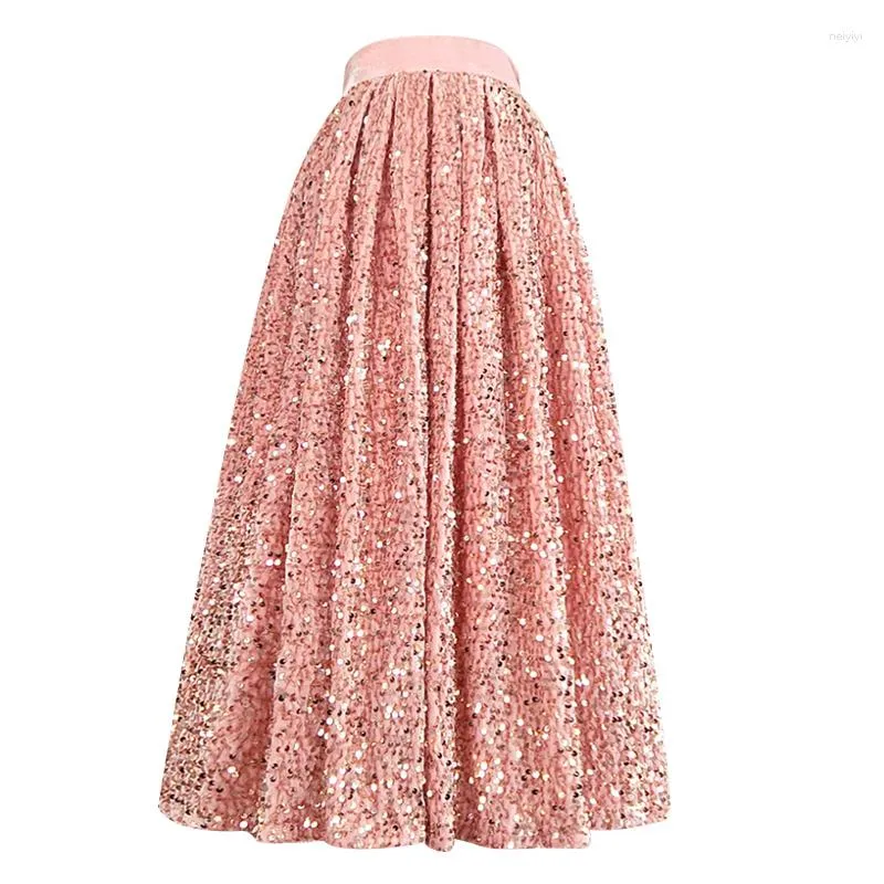 Kjolar 2023 vår sommartrend kvinnor koreanska kläder elegant rosa blingbling metallic hög midja lång sammet kjol för prom party club