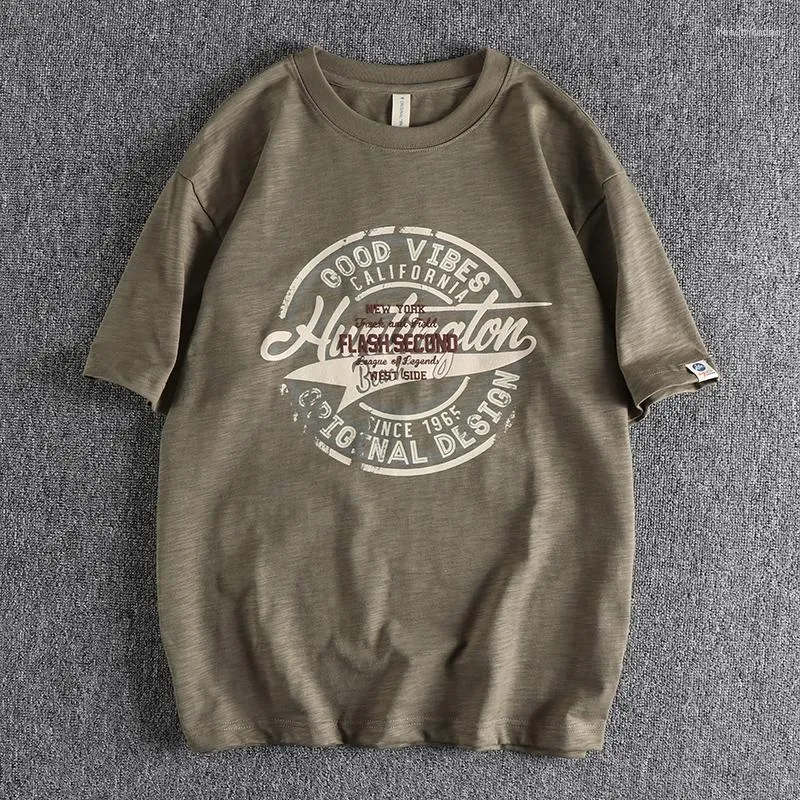 Men's T Shirts Slub Cotton Washed Fabric Short Sleeve T-shirt Retro Trend Alphabet Print Crewneck Half Jacket