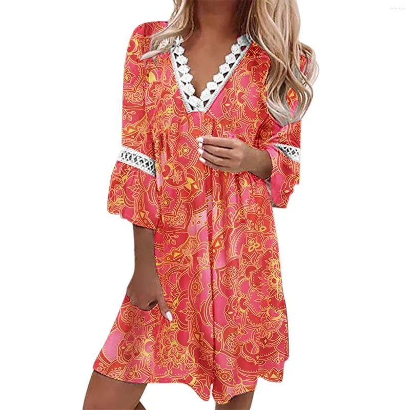 Robes décontractées Femmes Flare Sleeve Mini Vestidos Summer Boho Elegant V-Neck Patchwork Robe vintage imprimement en vrac Party A-Line