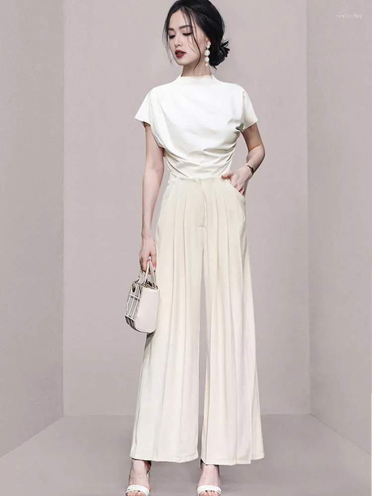 Women's Two Piece Pants SMTHMA Summer Clothing 2023 Fashion Elegant Style Set White T-Shirt Top Wide Leg Suit