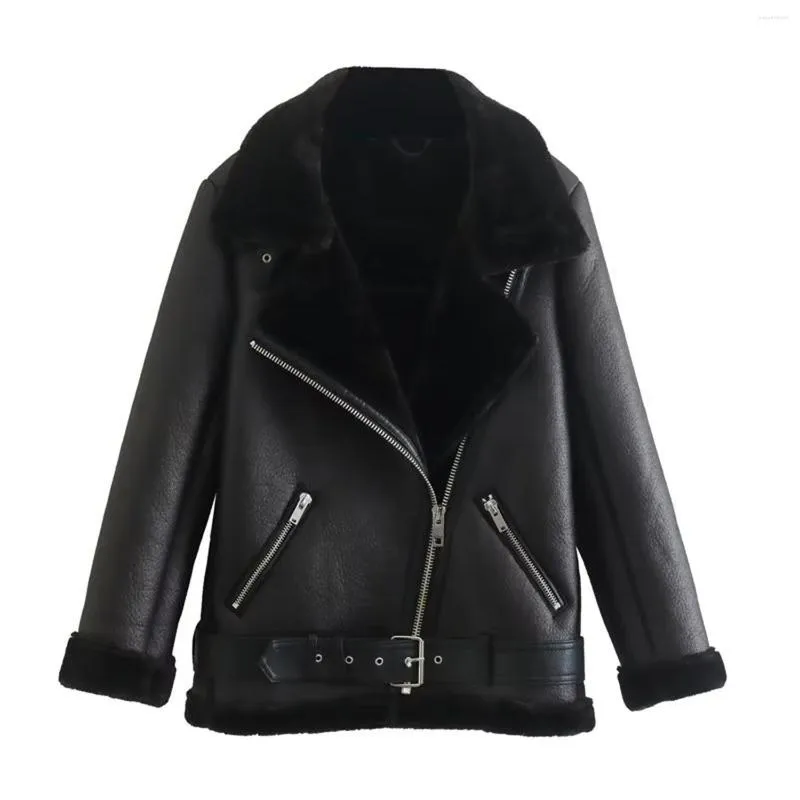 Women's Leather Women Fashion With Belt PU Black Front Zipper Jackets Coats Vintage Lapel Neck Long Sleeves Female Chic Lady Outfits