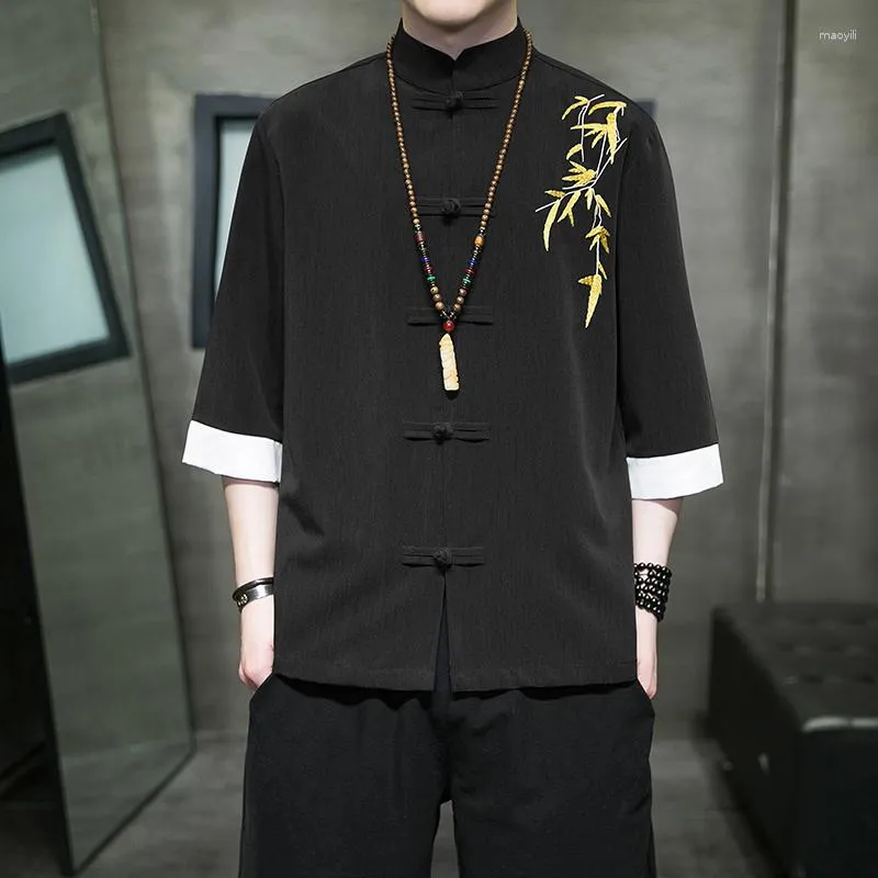 Camicie casual da uomo 2023 Estate stile coreano Fibbia a disco Colletto in piedi Ricamo Uomo Slim Cool Taglia M-5XL