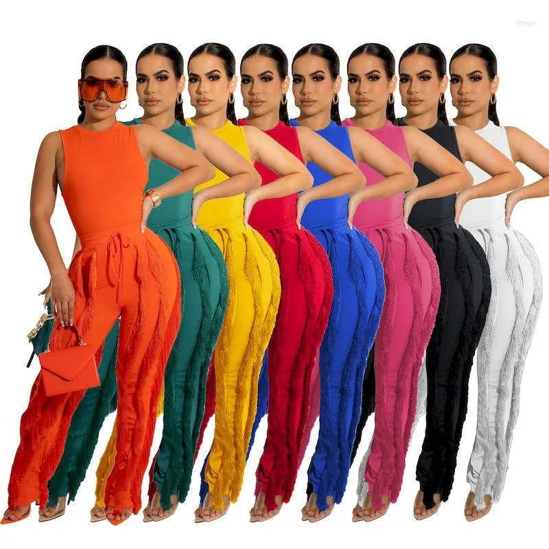 Femmes deux pièces pantalons ensemble de mode femmes Sexy Club 2023 élégant couleur unie hauts sans manche gland ensembles femme costume d'été