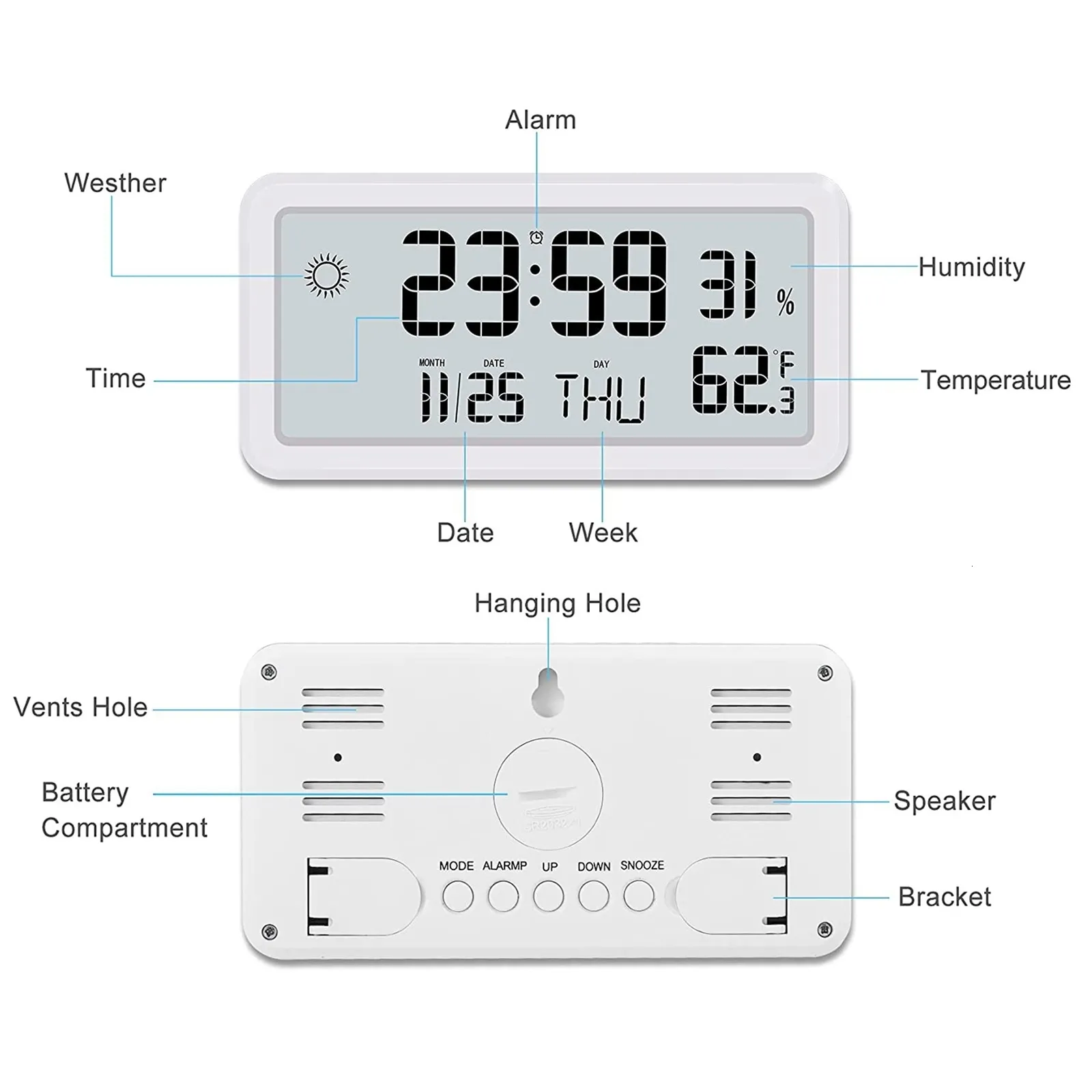 Schreibtisch-Tischuhren, Wecker für Schlafzimmer, digitale Wanduhr mit Datum, Woche, Innentemperatur und Luftfeuchtigkeit, batteriebetrieben, Weiß 230731