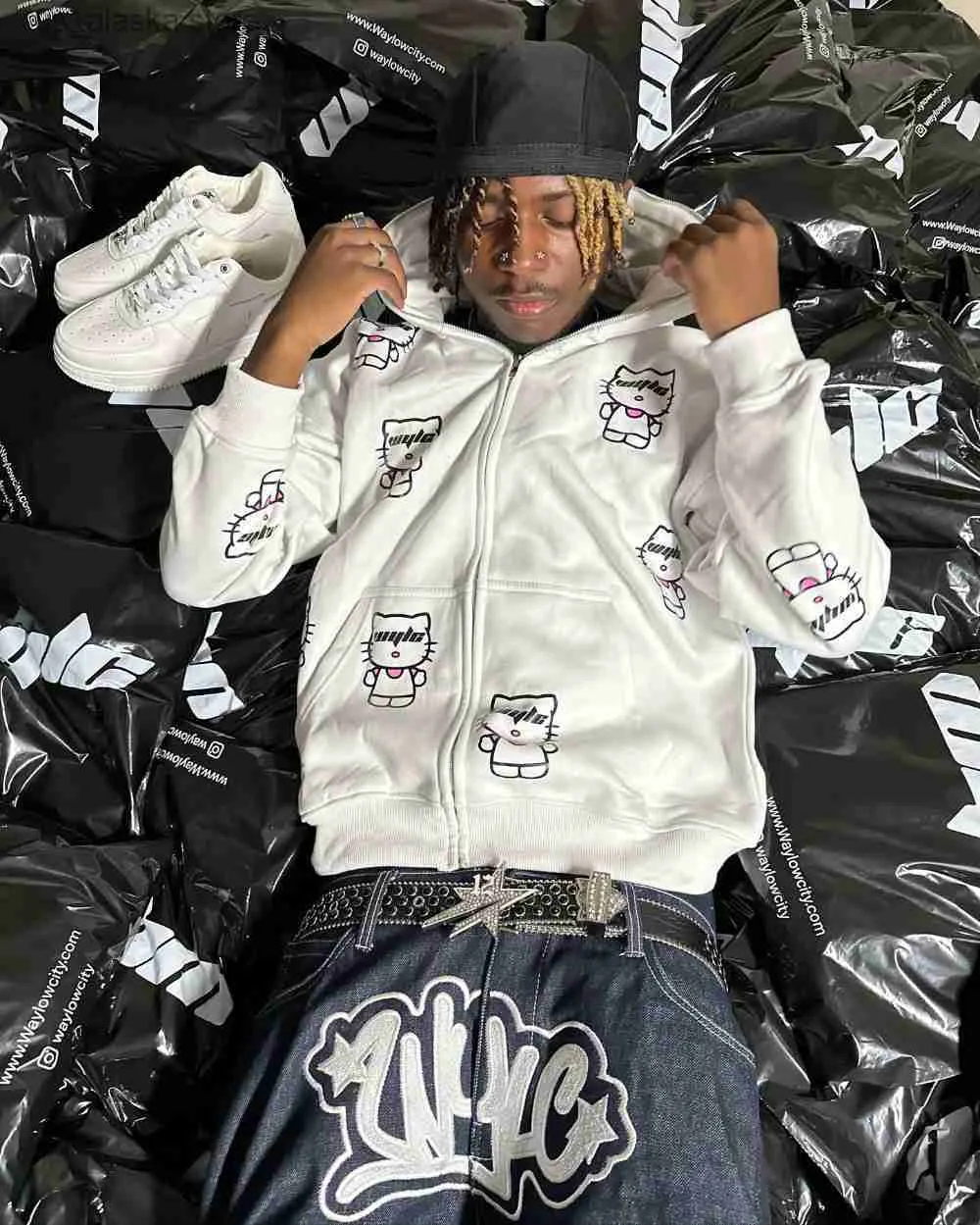 Erkek Hoodies Sweatshirts y2k fermuar kapüşonlu harajuku hip hop sevimli grafik baskısı büyük boy kapüşonlu sweatshirt erkek kadınlar 2023 yeni Japon Gotik ceket ceket t230731