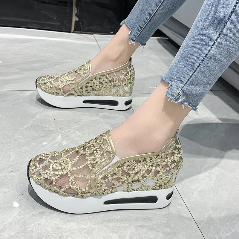 Scarpe eleganti Donna Zeppa con paillettes Mesh Traspirante Donna Scarpe da ginnastica con plateau in oro argento Zeppe con rialzo in altezza Casual 230801