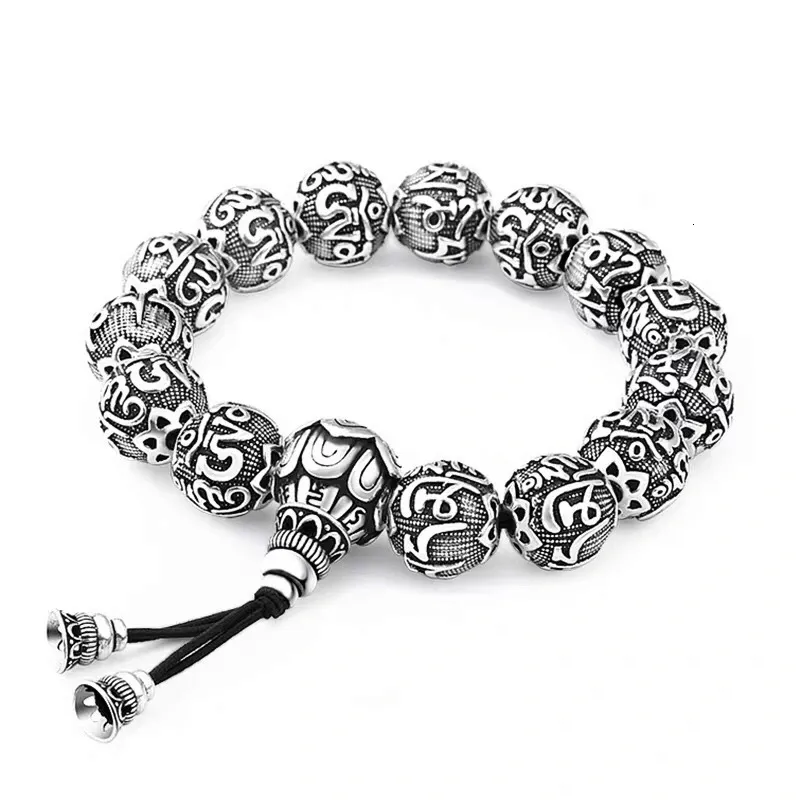 Charm-Armbänder, 12 mm, sechs Zeichen, Mantra, Herz, Sutra, buddhistische Perlen, Armband, Seil, Gebet, Nachahmung, Thai-Silber, Retro 230731