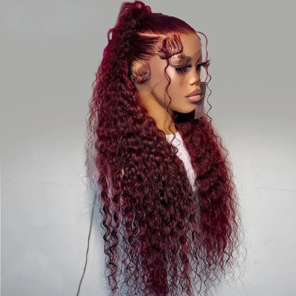 Brazilian 99J Burgundy Lace Front Wig 40 Inch Deep Wave Frontal Wig 13x4 Garnet Red Curly Lace Front Simualtion Human Hair Wigs Preplucked